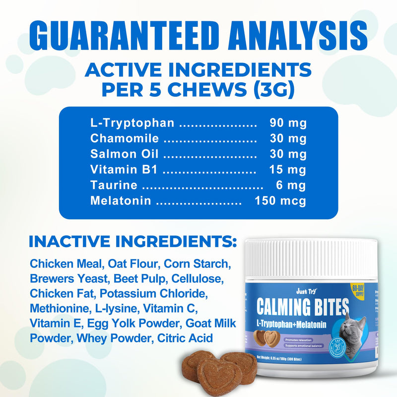 Just Try 300 Bites Calming Cat Treats for Relaxation - with Chamomile, L-Tryptophan, Melatonin for Cats– Chicken Flavor Calming Bites for Cats 6.35 oz