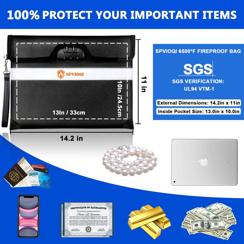 6500°F Upgraded Fireproof Document Bag with Lock, Fire proof Money Bag for Cash w. Zipper/Reflective Strip, 10 Layers of Heat Insulated Materials, Water Resistant Fireproof Bag for Documents, Fire Bag Black Large