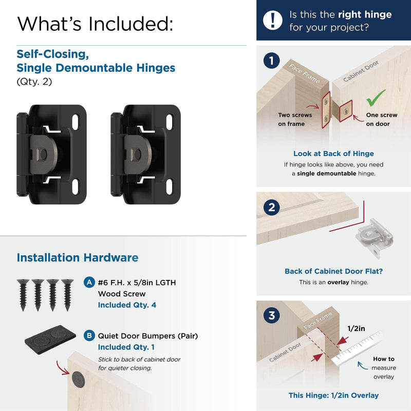 Amerock BPR8719FB | Cabinet Hinge | 1/2 in (13 mm) Overlay Single Demountable | Partial Wrap | Matte Black | Kitchen Cabinet Door Hinge | 1 Pair/2 Pack | Functional Hardware 1/2 inch (13mm) Overlay