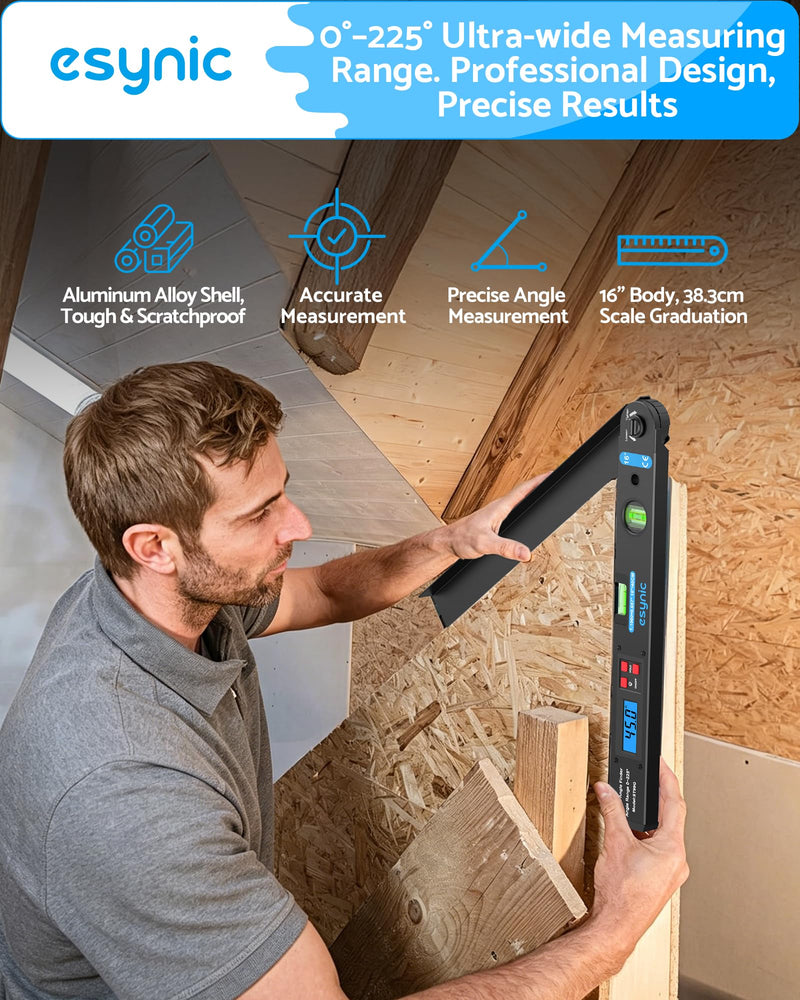 eSynic 16 Inch Waterproof Aluminum Digital Angle Finder with 400mm Scale | Built-in Horizontal and Vertical Bubble Level-Measure Angles Vertically-0-225° Range-Backlit LCD-for Woodworking/Construction
