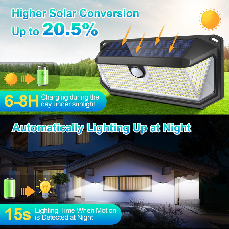 Solar Outdoor Lights, 4000LM 388 LEDs Motion Sensor Outdoor Light, IP65 Waterproof Solar Powered Outside Lights with 270° Wide Angle & 3 Modes, Exterior Flood Security Lights for Patio Garage, 2-Pack