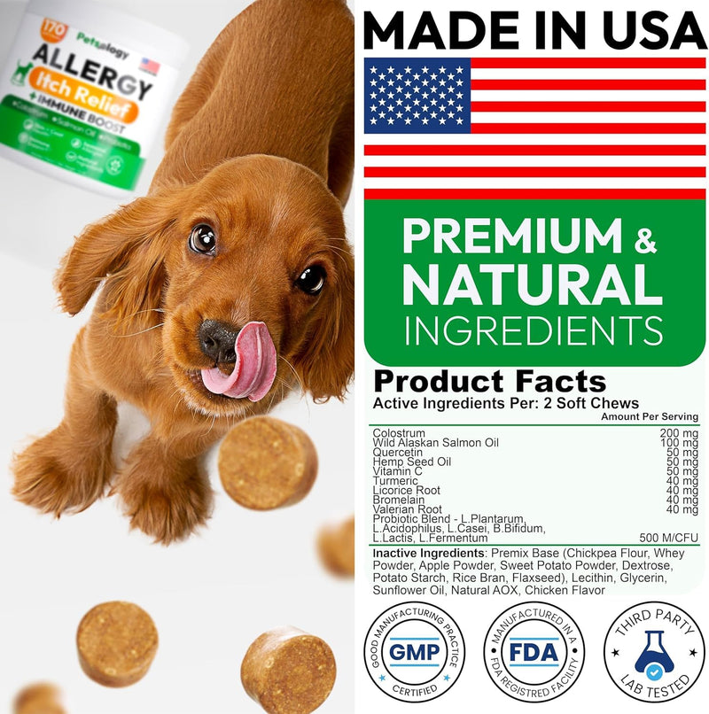 Advanced Allergy Chews for Dogs – Daily Support Supplement – Vet Formulated Soft Chews – Skin & Coat Support – All Breeds – Made in USA