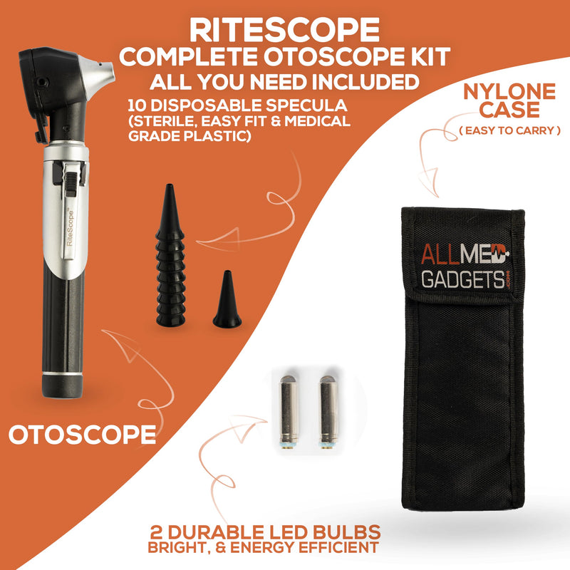 Otoscope with Light - Premium Otoscope Set with Fiber Optic Illumination - Ear Infection Detector - Comprehensive Ear Scope for Examination at Home - Black