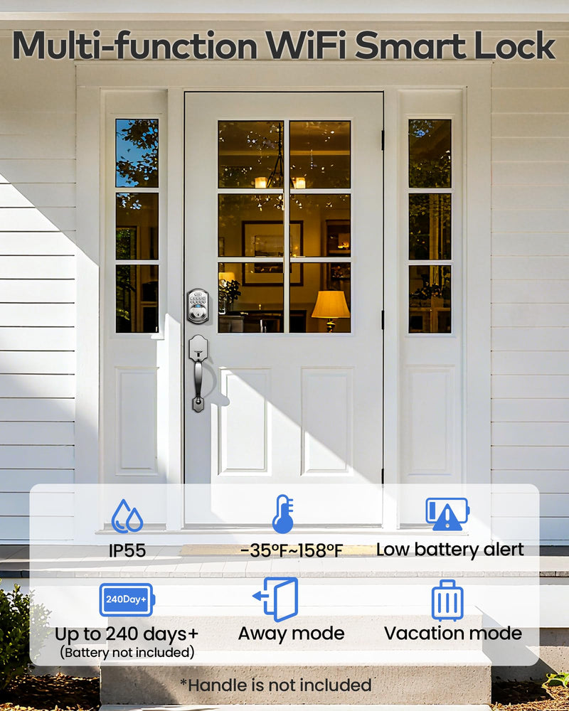 TEEHO TE012W WiFi Smart Lock, Fingerprint Door Lock with Built-in Wi-Fi, Keyless Entry Keypad Smart Deadbolt, App Remote Control, Alexa Compatible, IP55 Waterproof for Front Door – Satin Nickel