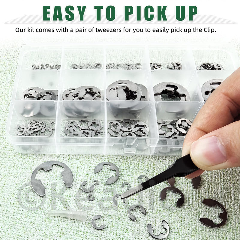 Keadic 211Pcs 14 Sizes 304 Stainless Steel E-Clip Assortment Set, M1.5/M2/M3/M4/M5/M6/M7/M8/M9/M10/M12/M15/M19/M22 Circlip External Retaining Ring Kit 304 Stainless Steel-silver