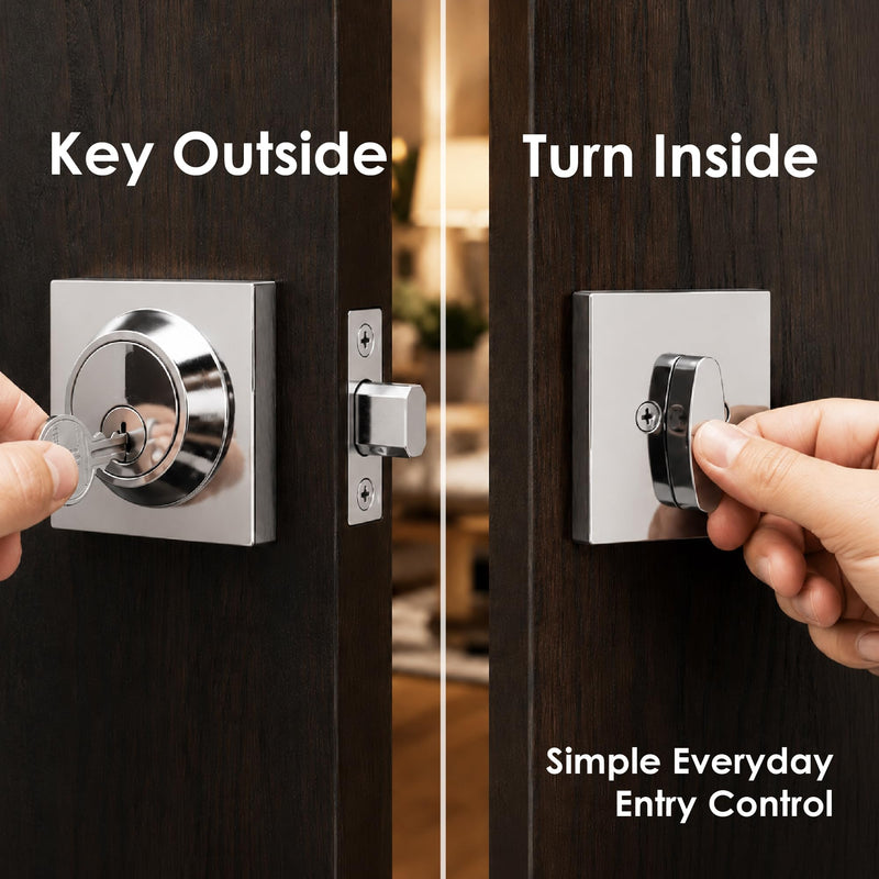 Mega Handles - SUANA Deadbolt I Entrance Deadbolt Lock - Heavy Duty Square Locking Deadbolt for Left or Right-Handed Doors - Interior/Exterior - Polished Chrome 1