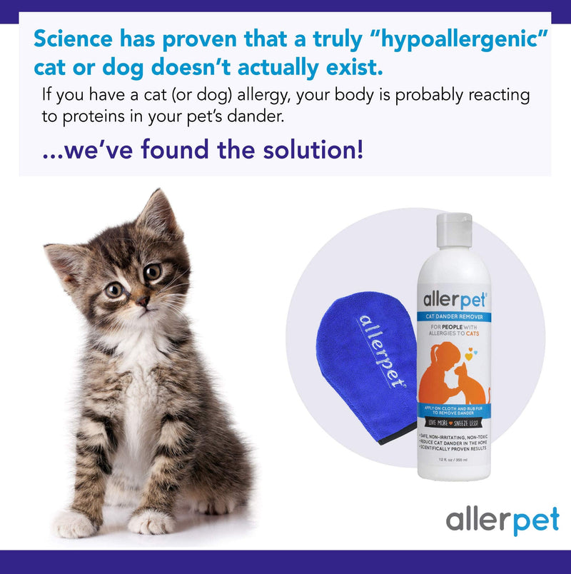 Allerpet Cat Dander Remover - 100% Non Toxic Pet Allergen Reducer - Scientifically Proven for Effective Cat Allergy Relief - Proudly USA Made (12oz) Single w/ Applicator Mitt - PawsPlanet Australia