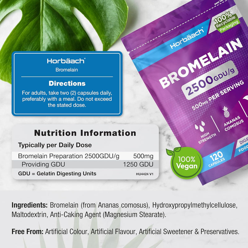 Bromelain 500mg high dose | 2500 GDU/g | 120 Vegan Capsules | Digestive enzyme | from Horbaach