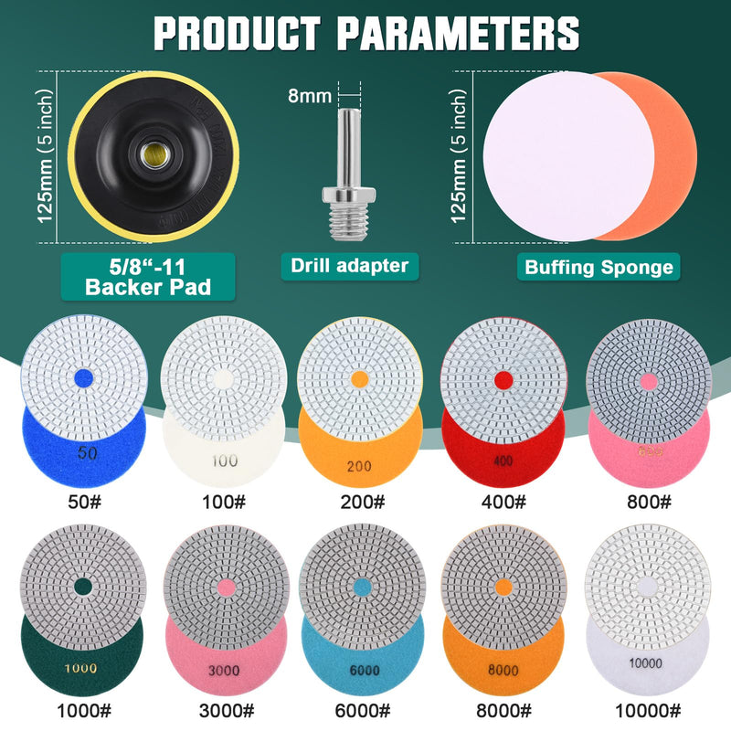 5 Inch Wet/Dry Diamond Polishing Pads Set with 5/8’’-11 Backer Pad, 16Pcs Concrete Polish Pads Kit for Drill, Grinder, Polisher, 50-10000 Grit Polishing Pad for Granite Marble Travertine Terrazzo 5 Inch