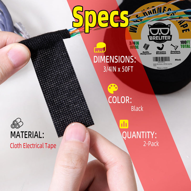 Wire Harness Tape - 2Pack High Temp Wiring Harness Self-Adhesive Auto Electrical Cable Fixed Tape Noise Damping Protection Insulation Tape - 3/4 Inch Wide 100 Feet Long Total 3/4inch*2pack