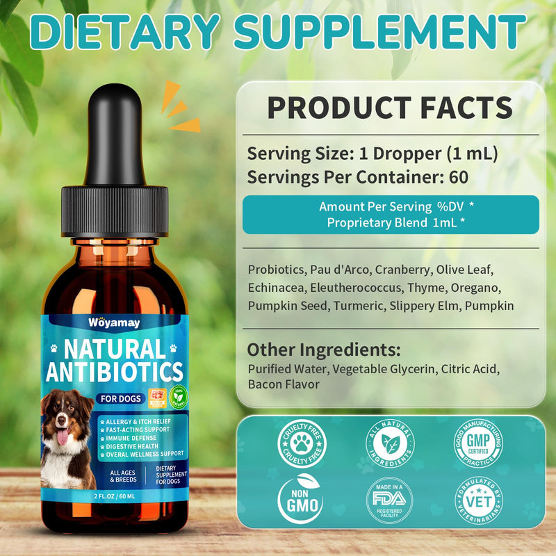 Woyamay Antibiotics for Dogs | Natural Dog Antibiotics for Allergy Relief, Itch Relief, Coughs, Skin Health, Breath Treatment, Digestion | Herbal Supplement to Care for Ears, Eyes & Coat, 2 Fl Oz Bacon 1 Pack