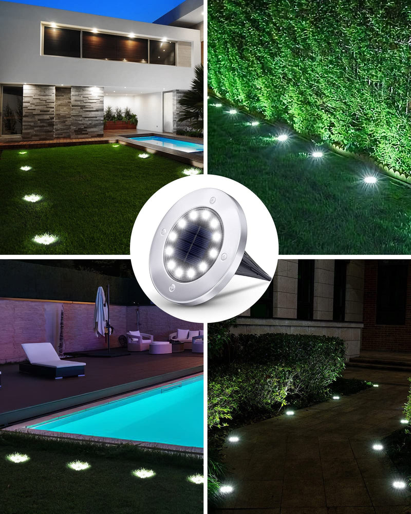 Biling Solar Outdoor Lights 12 Pack, Bright 12 LEDs Solar Ground Lights Waterproof, Flat Landscape Lighting Solar Powered for Yard Walkway Pathway Garden Driveway (White) White