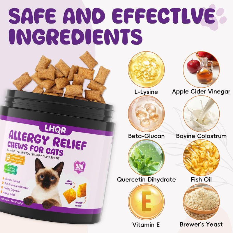500 Cat Allergy Relief Chews - Itch Relief for Skin Irritation, Paw Licking - Omega 3 & Probiotic for Immune & Skin Coat Support, Natural Supplement for Cats,Chicken