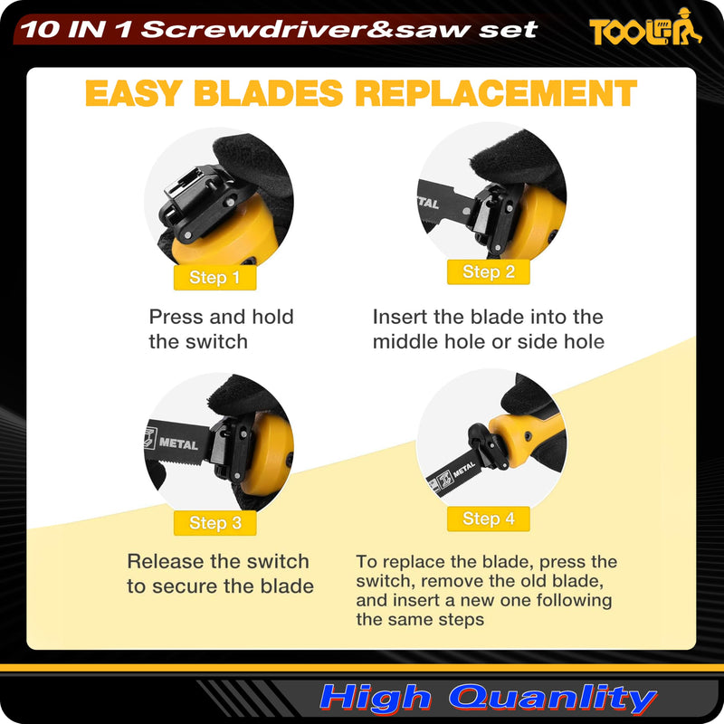 10-in-1 Multi-bit Screwdriver Set (Slotted & Phillips Bits) Quick Change Mechanism Portable Multi-Purpose hand saw For Cutting Wood/Metal/Drywall Suitable for outdoor and daily repair tools