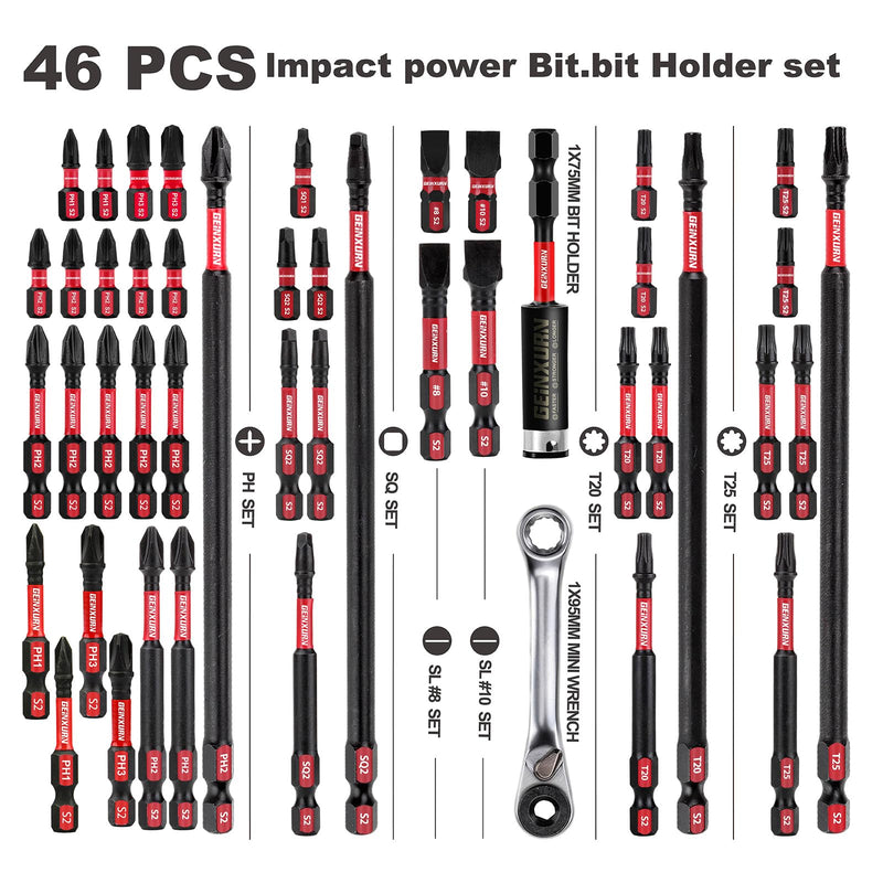 Impact Tough Magnetic Mixed 46Pack Insert Driver Bits, S2 Alloy Steel Screwdriver Power Bits Set with 1Pcs Impact Magnetic Bit Holder and Mini Wrench MIXED-46PC