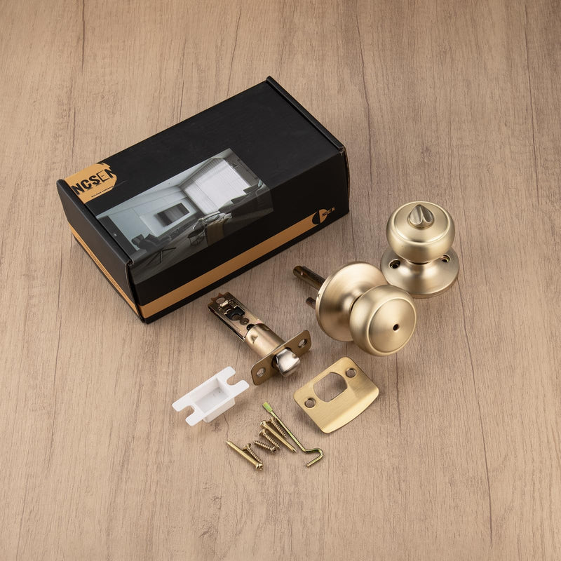 3 Pack Gold Door Knobs,Interior Door Knob with Lock,Coastal Style Satin Brass Door knob for Privacy and Bedroom 3