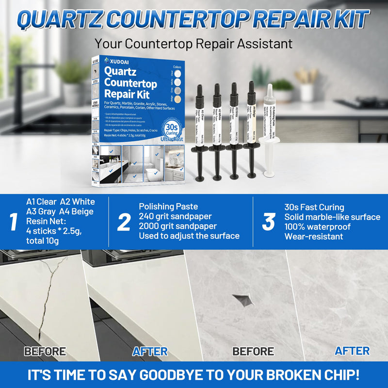 Quartz Countertop Repair Kit (Clear, White, Gray, Beige) 30s Fast Curing DIY Fix Luxury Stone, Granite Marble Acrylic Porcelain Fiberglass Quartz Countertop Chip Repair Kit for Cracks Holes Scratches - NewNest Australia