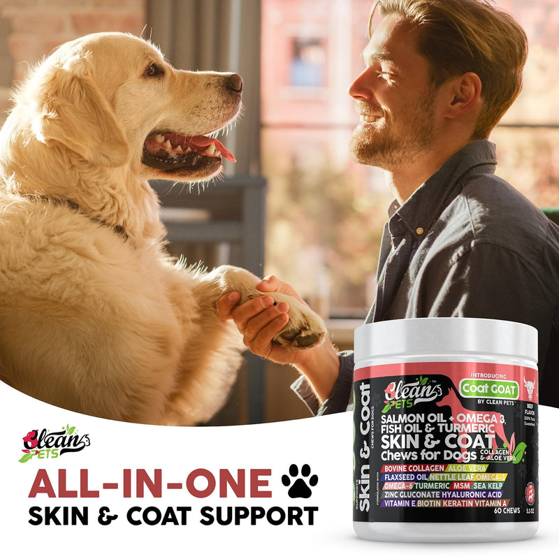 Salmon Oil Omega 3 Fish Oil for Dogs Skin and Coat Supplement | Dog Collagen Aloe Vera Biotin Keratin Flaxseed Nettle Leaf Sea Kelp Hyaluronic Acid Brewers Yeast Vitamin A -Coat Goat by Clean Pets 60 Count (Pack of 1) - PawsPlanet Australia