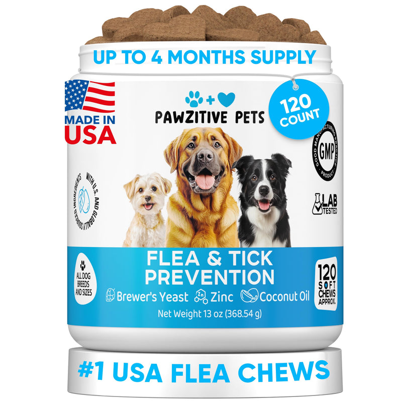 Chewable Flea and Tick Prevention for Dogs - 120 Soft Chews Made in USA - Oral Flea and Tick Control Pills for Small, Medium, Large Dogs and Puppies - Skin and Coat Supplement Treats for All Breeds Flea Support Chews