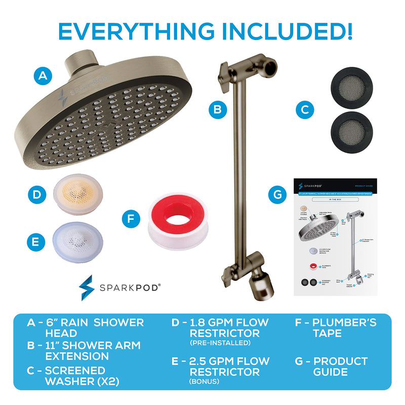 SparkPod Round Rain Shower Head with Extension Arm - Height Adjustable Shower Head with High Pressure Performance - Easy 1-Minute Installation (11" Arm Extension, Elegant Brushed Nickel) 6" Round + 11" Arm 2. Brushed Nickel, 6" Round + 11" Arm - NewNest Australia