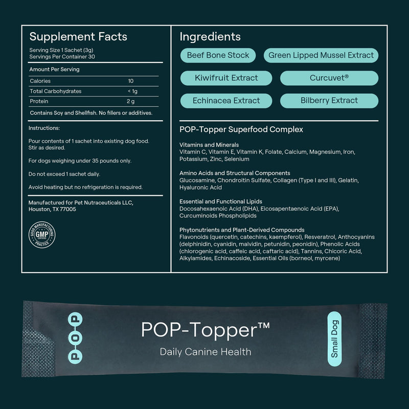 POP-Topper Dog Food Meal Toppers – Multivitamin Powder for Dogs Under 35 lbs - Delicious Bone Broth Base with 6 Human-Grade Superfoods - Supports Joints, Gut, Skin & Coat - 30 Packets Pack of 30