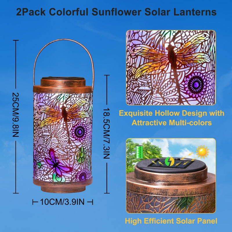 2Pack Solar Outdoor Lanterns Waterproof Dragonfly Garden Gifts for Women Patio Decor Lights Metal Lantern for Yard, Tabletop, Porch, Outside,Mothers Day Gifts for Mom Women KG3037QT