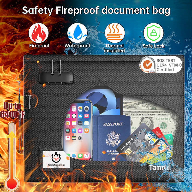 6400℉ Fireproof Document Bag with Lock, 15 x 12 inch Fireproof Money Bag 2 pockets with Zipper for Cash, Fire Safe Money Pouch Zipper for Important File,Valuables, Keys, Passports (Black) Black