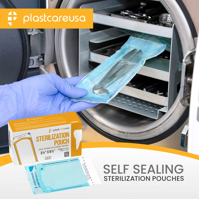 200 3.5 X 5.25 Self Sterilization Pouches for Dental Offices, Autoclave Sterilizer Bags Pouch for Dentist Tools, for Cleaning Tools, 200 Pouches Per Box, 1 Box of Paper Blue Film