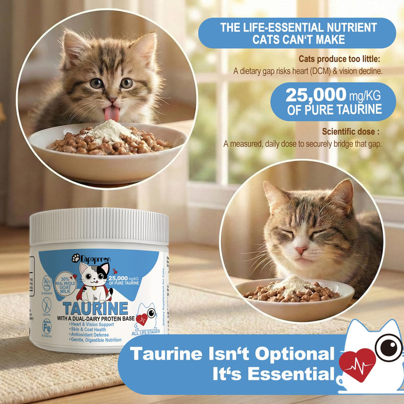 Taurine for Cats with 30% Whole Goat Milk, 0% Maltodextrin Iron-Free Cat Taurine Supplement for Cardiac & Vision Support, Hydrolyzed Protein Amino Acid Powder for Picky Felines - 200g