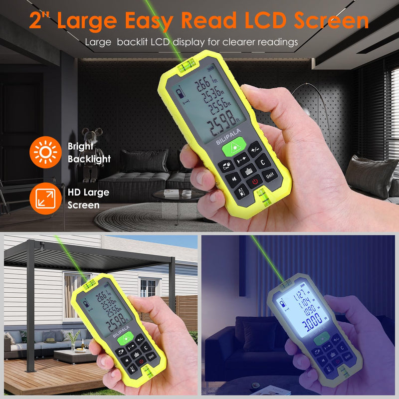 Laser Distance Measuring Tool, 100M/328ft Laser Measure, ±2mm Accuracy Laser Distance Meters with Backlit LCD, Measuring Distance, Area, Volume, Pythagorean Mode for Indoor/Outdoor Use(Green Laser)