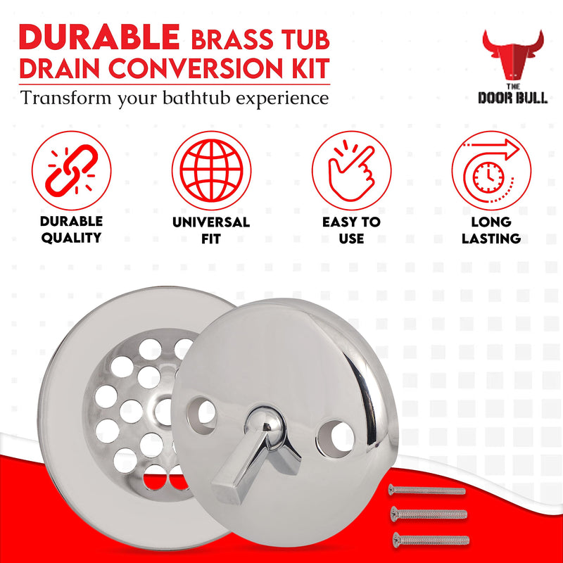 Trip Lever Bathtub Drain Kit with Strainer – 2-Hole Overflow Faceplate, Matching Screws – Tub Drain Trim Replacement Set for Bathroom Bathtubs Chrome