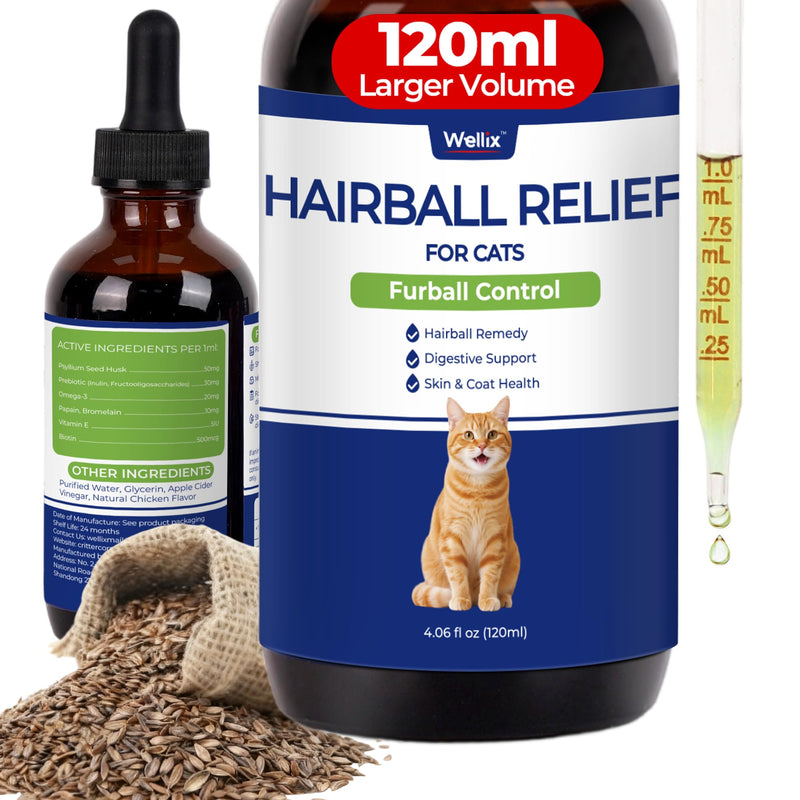 Wellix 120ml Cat Hairball Remedy Drops, Hairball Treatment & Relief for Cats, Natural Cat Furball Control Treats with Psyllium Husk, Omega 3, Support Skin & Coat, Digestive Health-Chicken Flavor Hairball Control