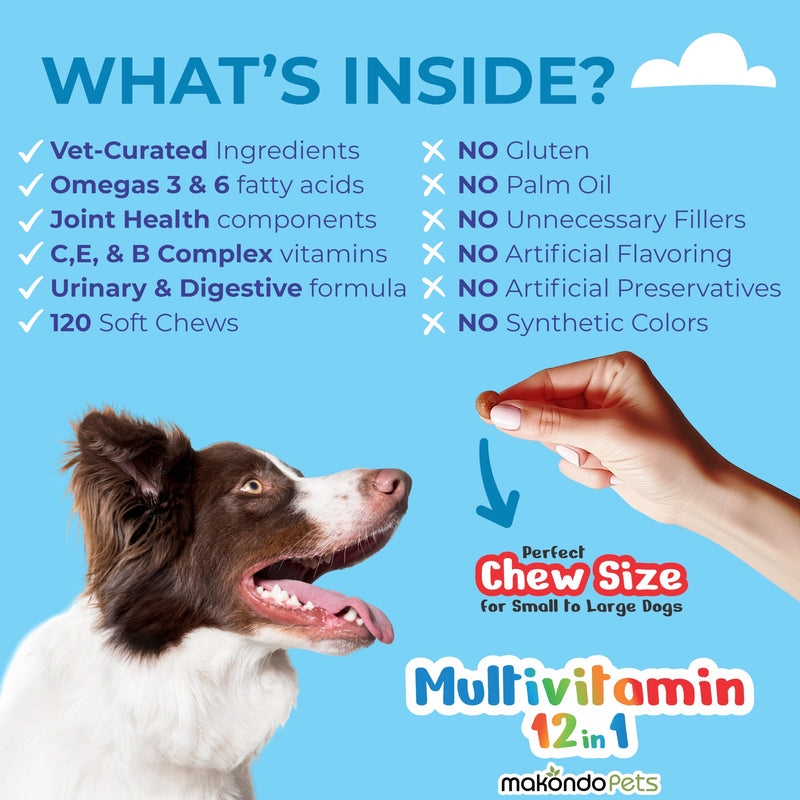 Multivitamin for Dogs 12 in 1 Soft Chews (120) – Dog multivitamin with probiotics + Digestive enzymes, Energy, Joints, Skin & Coat Support, Immune Defense & Gut Health, Cranberry Urinary Care