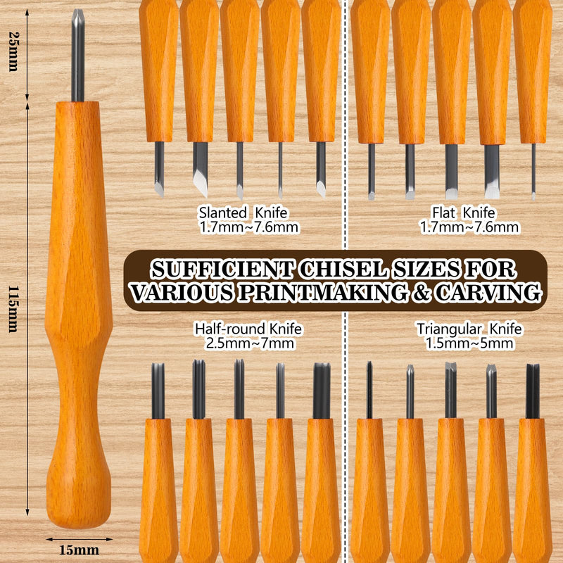 20 Pcs Linocut Carving Tools Set Triangular Flat Slanted Half-round Linocut Tools Carving Knife Chisel Kits for Woodworking Printmaking DIY Stamp Sculpture Beginner Sculpture