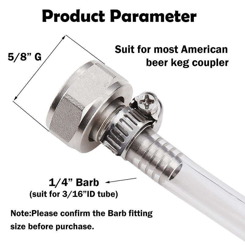2PCS Keg Coupler Barb Connector,Stainless Steel 304 Beer Kegerator Sankey Couplers,Hex Nut 5/8"G Thread x 1/4" Barb Beer Line Tailpiece Nipple Fitting with Sealing Gasket Washer 1/4"Barb 2PCS