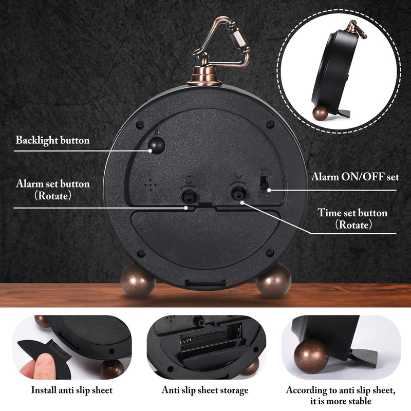 Analog Alarm Clock,Battery Powered Desk Clocks with Night Light,Silent Non Ticking,Retro Simply Design Alarm Clocks for Living Room, Bedroom, Bedside,Dormitory,Decor,Gift (Black) Black