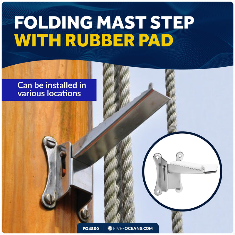 Five Oceans Folding Step, Folding Mast Step - Stainless Steel with Rubber Pad for Secure and Safe Access, 4-1/4 Inch (108mm) Step Length - Ideal for Marine Use - FO4800