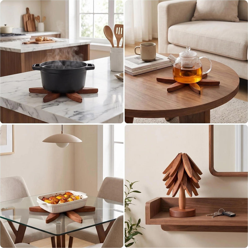 Tree Shape Wooden Trivet Set, 4 Pack Foldable Walnut Wood Hot Pot Holder with Stand, Expandable Heat Resistant Trivets for Kitchen Table Pot Pan Teapot Protection