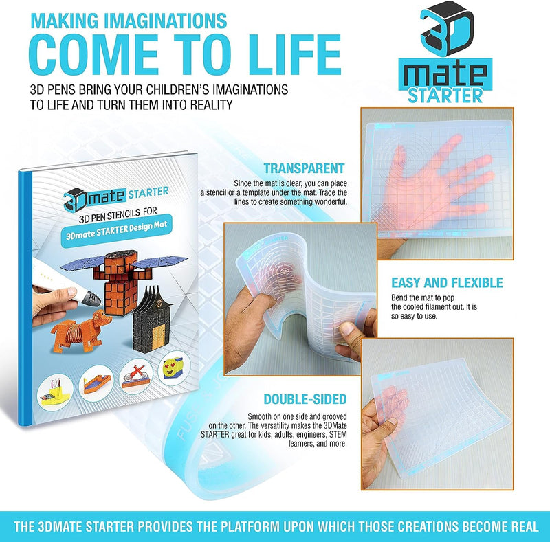 3Dmate Starter - Transparent 3D Pen Mat 9 x 7 Inches with Compatible Stencils Book - Flexible Two-Sided Heat-Resistant Silicone - 3D Pen Accessories - Templates for Kids, Adults STARTER w Stencils