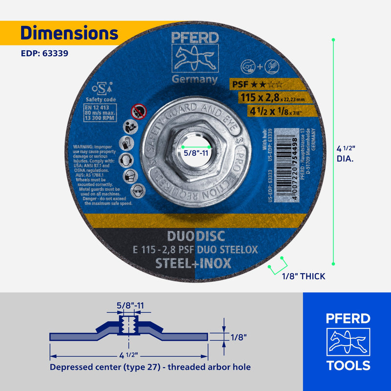 PFERD 4-1/2" PSF DUODISC STEELOX Combination Cutting and Grinding Wheel - Type 27, Aluminum Oxide, 1/8" Thick, 5/8-11 Thread, 13300 RPM (Pack of 10) - Part 63339