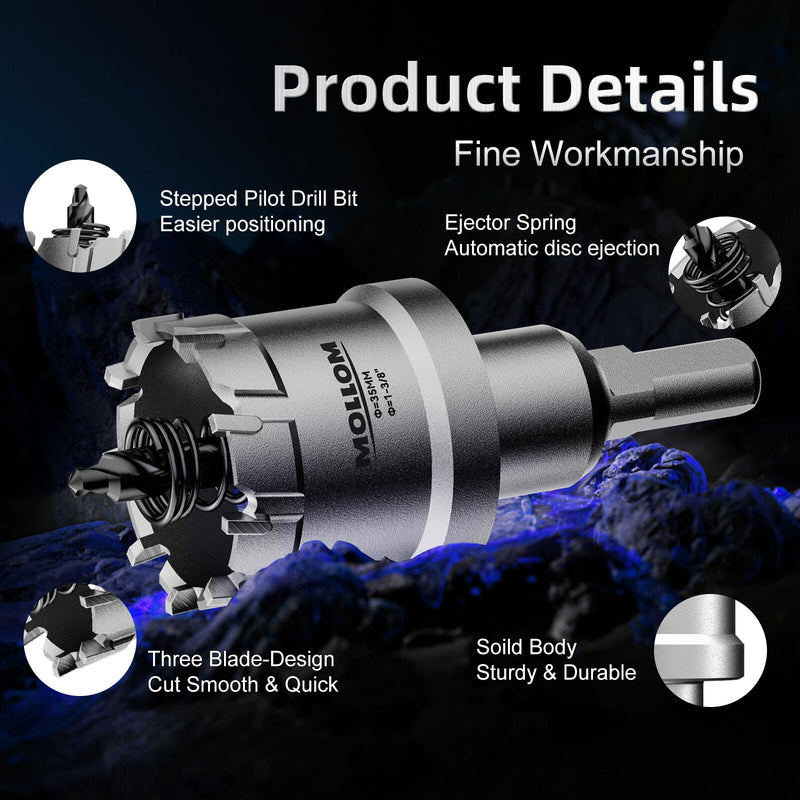 (7/8''|22mm) Heavy Duty Carbide Hole Saw with 2 Pilot Drill Bits, Hole Cutter cuts Stainless Steel, mild Steel, Iron, Copper, Brass, Plastic 22mm | 7/8" 1
