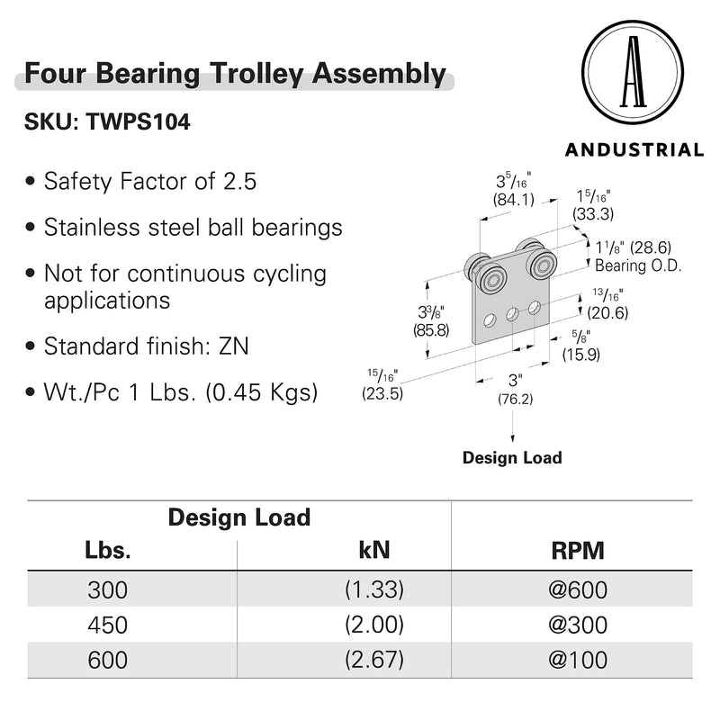 4 Bearing Trolley Assembly Roller - Silver Finish: Electro-Galvanized Zinc - Fits 1-5/8" Wide and All Taller Strut Channels - Design Load: 600 Lbs - 1 Pc Four Bearing Trolley Assembly