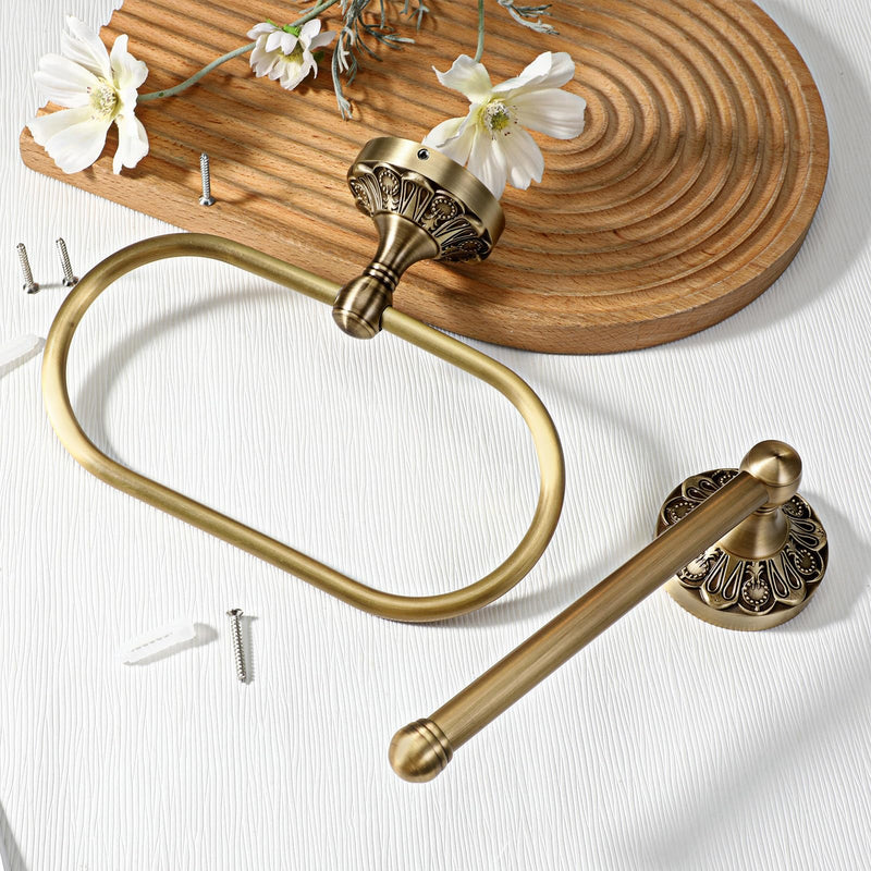 2 Pcs Antique Brass Toilet Paper Holder Set, Retro Oval Hand Towel Holder & Tissue Roll Paper Hanger Wall Mounted Vintage Bathroom Hardware Accessories for Home and Hotel