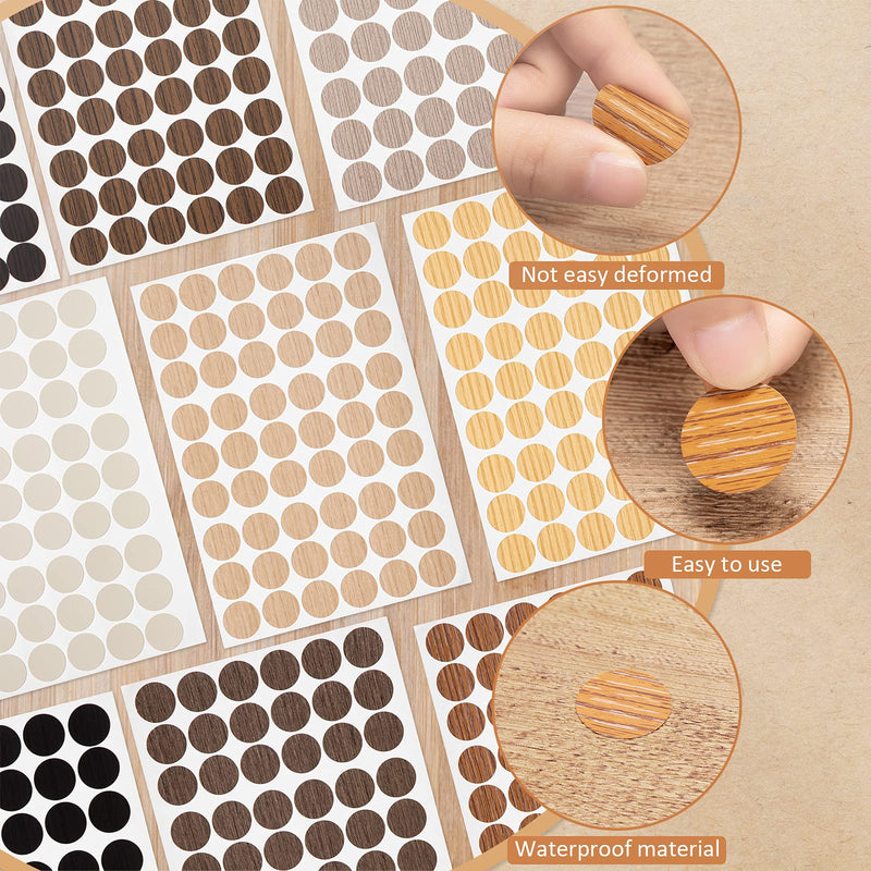 864 Pieces Screw Covers Wood Stickers for Furniture, 0.83 Inch Screw Hole Stickers Waterproof PVC Cover Caps Adhesive Wood Grain Stickers for Screw Holes Wall Cabinets Bookcase Desk (Basic Color) Basic Color