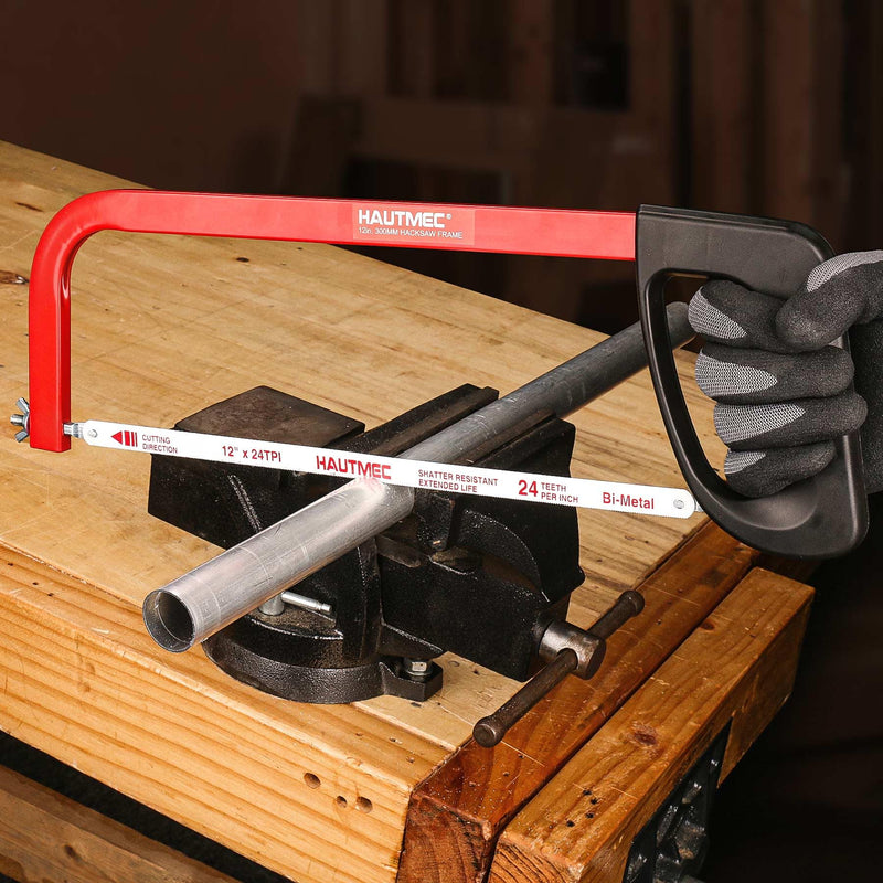 HAUTMEC 12 inch Hand Saw High Tension Hacksaw Frame with 24 TPI Bi-Metal Blade, Hack Saw For Metal, Wood, Steel Pipe, PVC Cutting, HT0398 12" Junior Hacksaw