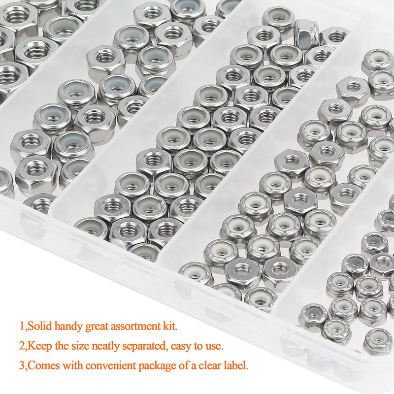 #4-40#6-32#8-32#10-24 1/4"-20 Lock Nuts, HELIFOUNER 126 Pieces 5 Sizes Nylon Insert Hex Lock Nuts Assortment Kit, 304 Stainless Steel (18-8) Locknuts, Coarse Thread #4-40 to 1/4"-20 Lock Nuts Kit