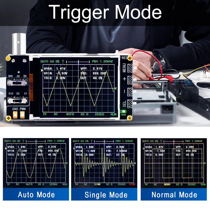 Handheld Digital Oscilloscope Kit, 2.4 LCD Screen 1MSa/s High Sampling Rate, 200KHz Bandwidth,Mini Portable Oscilloscope with Trigger Function Auto/Normal/Single，X10/X5/X1 Sensitivity