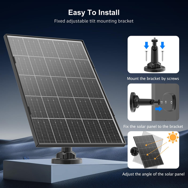 Solar Panel for Security Camera, 8W Solar Panel with Micro USB & USB-C Port for DC 5V Outdoor Rechargeable Battery Camera, IP65 Waterproof, 360° Adjustable Security Mount, 10FT Cable 1