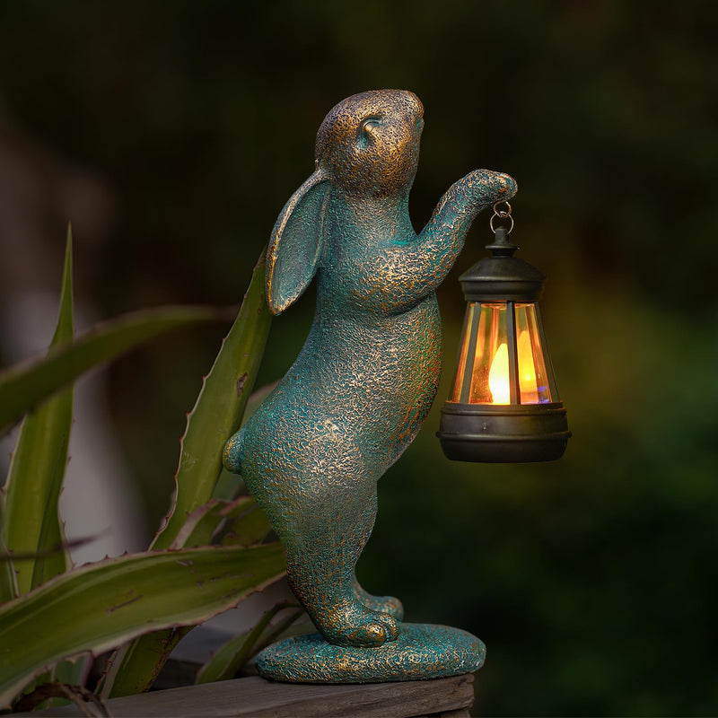 MININOVA Garden Statues Rabbit with Solar Lantern Outdoor Bunny Figurines Decorations for Patio Yard Lawn Ornaments Gifts for Birthday Easter Housewarming Bronze
