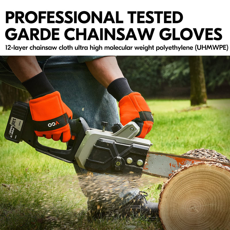 Vgo... Chainsaw Gloves, 12-Layer Chainsaw Protection on Both Hand Back, leather Work Gloves, Mechanic Gloves X-Large(1 Pair) Orange(knitted Cuff)